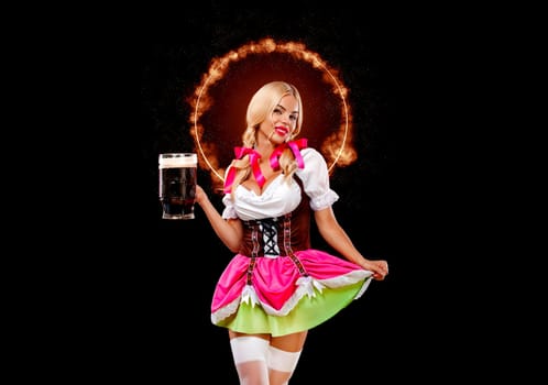 Oktober fest woman waitress, wearing a traditional Bavarian dress, serving big beer mugs on black background. Oktoberfest autumn concept.