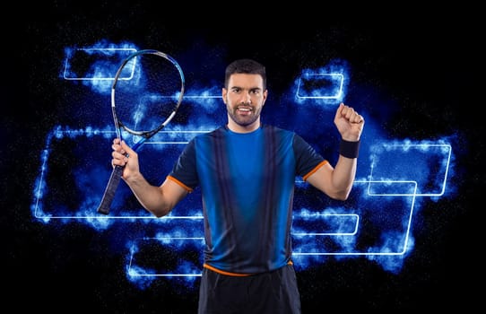 Tennis player banner with blue neon lights. Tenis template for bookmaker design ads with copy space. Mockup for betting advertisement. Sports betting on tenis