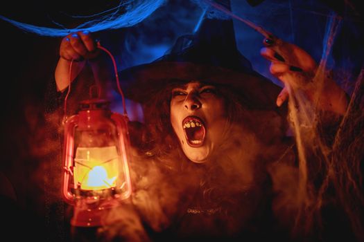 Witch With Lighted Lantern In Magic Fog