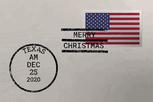 Postage envelope with US flag on postage stamp and cancellation stamps, vector