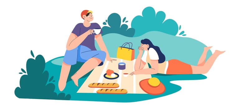 Couple on picnic enjoying food and company vector