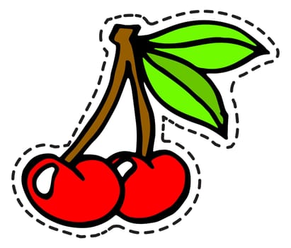 Ripe cherries on branch with leaves, stickers