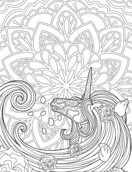 Unicorn Looking Back On A Flower Background With Flowers Over Mane Line Drawing. Mythical Horned Horse Looks Behind Blooming Backdrop Coloring Book Page.