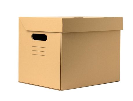brown corrugated paper box with lid for documents on a white background. Container for moving