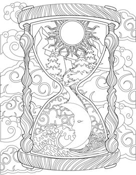Antique Hourglass Drawing Showing Sun And Moon Inside Surrounded By Clouds. Old Sand Clock Line Drawing Appearing Day And Night Enclosed With Strong Winds.