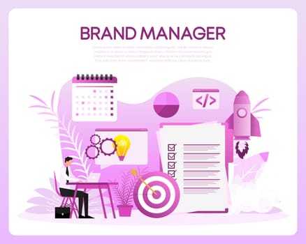 Brand manager in flat style. Employers working on branding. Reputation management. Vector illustration.
