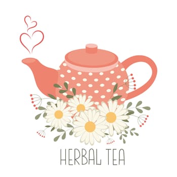 Herbal medicinal tea, healthy drink. Teapot and cup with herbal tea and chamomile flowers.