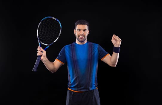 Tennis player banner on the black background. Tennis template for ads with copy space. Mockup for betting advertisement. Sports betting on tenis
