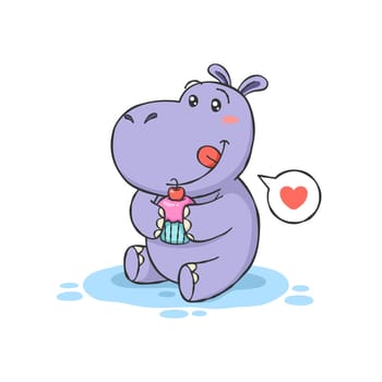 Cute Hippopotamus Cartoon Character With Cupcake