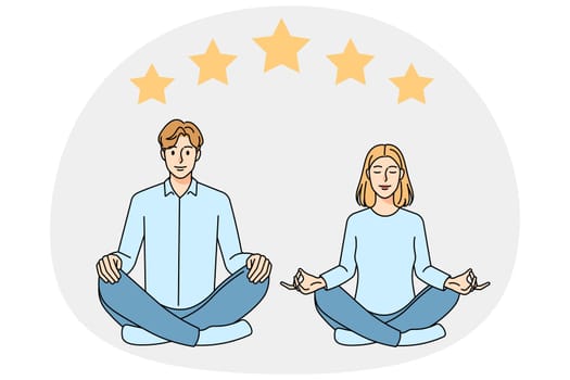 Happy people sit in lotus position satisfied with good quality client service. Smiling couple give five stars rating or feedback. Vector illustration.