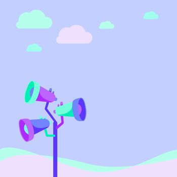 Pole Megaphones Drawing Making New Announcement To An Open Space Under The Clouds. Bullhorn Speakers In A Mast Drawing Producing Late Advertisement At Defoliated Area.