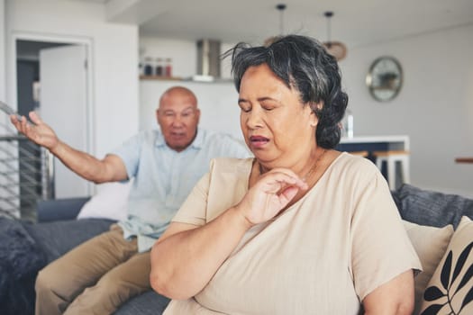 Fight, divorce or frustrated old couple argue with stress for marriage problem, breakup or bad communication. Shouting, home or angry senior people in conflict or betrayal of cheating crisis or drama