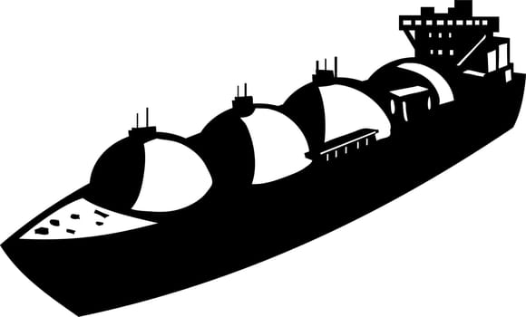 Retro style illustration of a LNG carrier, a tank ship designed for transporting liquefied natural gas or LNG on isolated background done in black and white.
