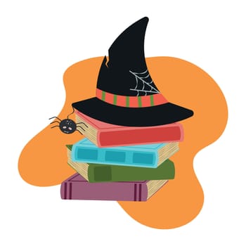 Witch hat on a stack of books with a spider.