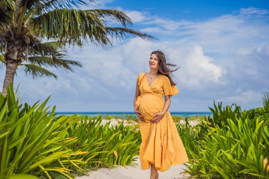 A radiant pregnant woman after 40 basking in the sun's warmth on a tropical beach, cherishing the serenity and bliss of her pregnancy journey.