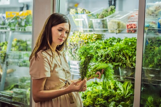 A glowing pregnant woman after forty makes a healthy choice as she selects organic vegetables and fruits at the vibrant organic market, prioritizing her well-being and her baby's health