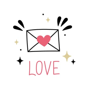 Cute love letter envelope isolated on white background. Hand drawn line art vector illustration with lettering LOVE.