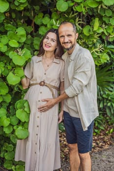 A blissful scene in the park as a radiant pregnant woman after 40 and her loving husband after 40, cherish the joy of parenthood together, surrounded by nature's serenity