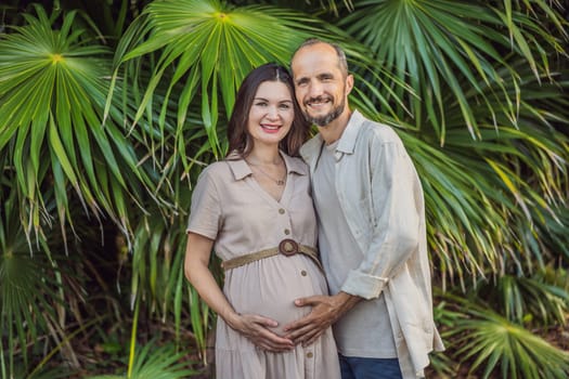 A blissful scene in the park as a radiant pregnant woman after 40 and her loving husband after 40, cherish the joy of parenthood together, surrounded by nature's serenity