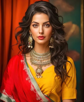 Beautiful Indian woman in red-yellow sari