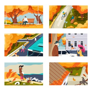 Autumn seasonal weather conditions, raining in city. People in park enjoying falling leaves from trees. Characters walking on streets, fall season in village or small town. Vector in flat style