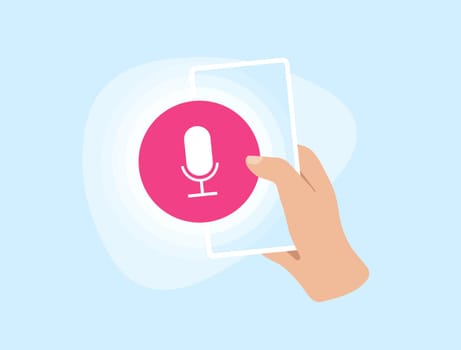 AI Voice Recognition concept. Hand holding mobile phone with Virtual Voice Search Assistants App. Vector illustration isolated on blue background