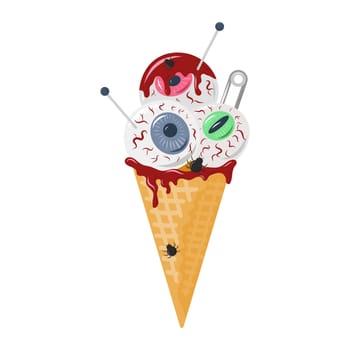 Ice cream in a cone with eyes. Weird Halloween food. Food for zombies