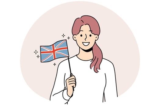 Smiling woman hold in hands UK flag
