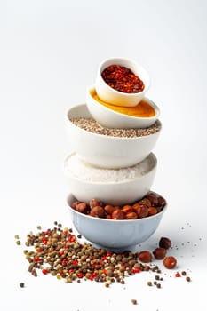 Bowls with spices and cooking ingredients on white background