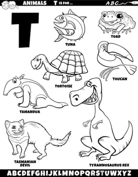 cartoon animal characters for letter T set coloring page
