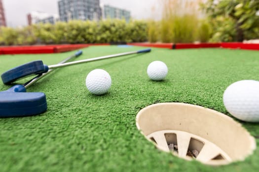 Mini Golf club and ball on the artificial grass