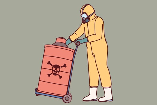 Dangerous toxic substances in barrel near specialist in chemical protection suit and respirator