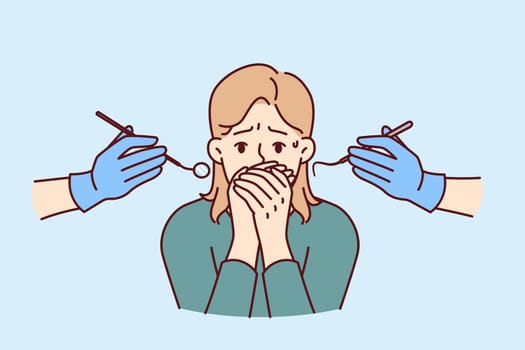 Cowardly woman at dentist doctor appointment closes mouth, suffering from dentophobia