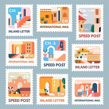 Postage stamp design set with colorful landmark