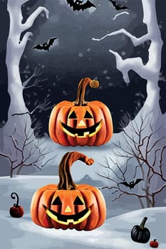 Halloween jack o lantern in the snow vertical vector illustration orange pumpkins in the garden for the holiday