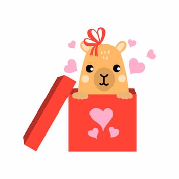 Cute capybara in gift box. Vector doodle illustration. Sticker for Christmas or New Year.