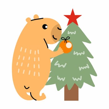 Cute capybara adorns fir tree. Vector doodle illustration. Sticker for Christmas or New Year.