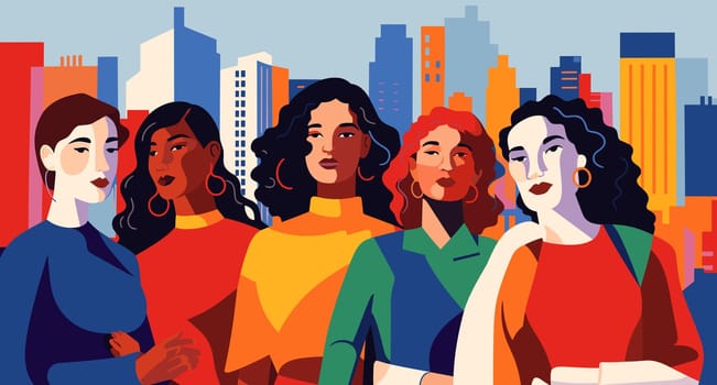 Women uniting in vibrant city