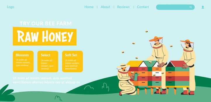Bee farm natural raw honey, website page vector