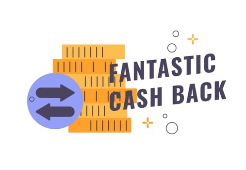 Cash back system encouraging spending and customer loyalty. Online shopping platforms, benefit for cardholders. Save money on everyday purchases, earn rewards for expenses. Vector in flat style