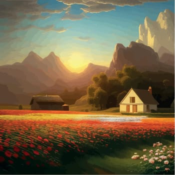 Landscape with house and flowery red fields against backdrop mountains. Vector illustration in the style of Provence.