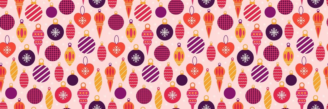 Christmas seamless pattern with Christmas tree toys and snowflakes. Vector festive background