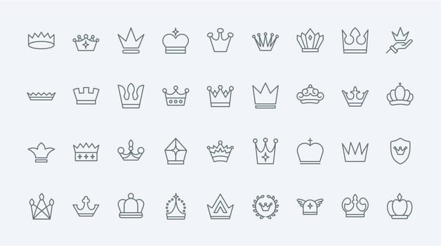 Crown line icons set, thin outline luxury symbols of authority and royalty, simple tiaras