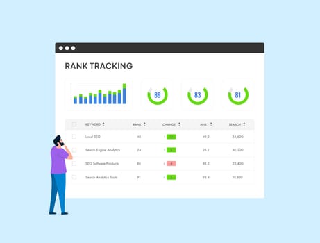 SEO Rank Tracking - monitor positions of keywords, domains, check website rankings, analyze SERPs and audit website. Rank tracker vector isolated illustration on blue background with icons