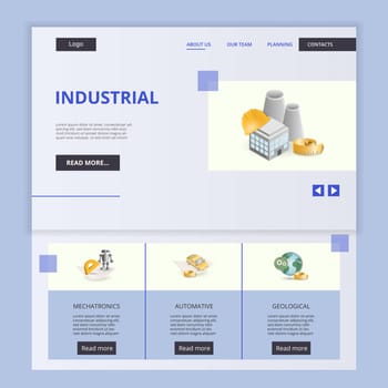 Industrial flat landing page website template. Mechatronics, automative, geological. Web banner with header, content and footer. Vector illustration.
