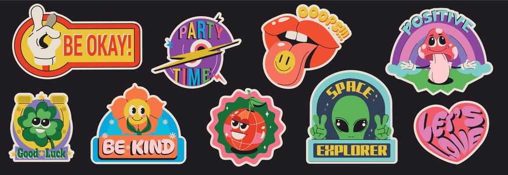 Retro label or sticker badge design with funny comic characters