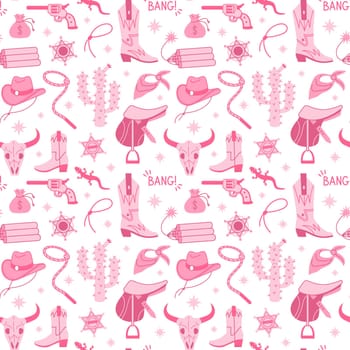 Cowboy Pink core fashion seamless pattern. Cowboy western and wild west theme texture. Hand drawn vector illustration.