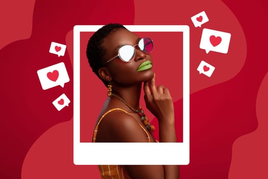 black woman posing in photo frame among likes, red background