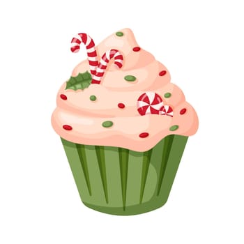 Christmas cupcake with candy cane and mistletoe. Holly cupcake in cartoon style. Vector illustration isolated on a white background.