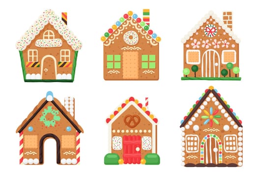 Gingerbread houses set, cute baked town buildings collection
